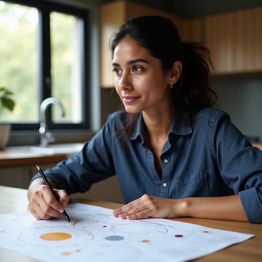 Homeowner studying a solar system diagram at a kitchen table
