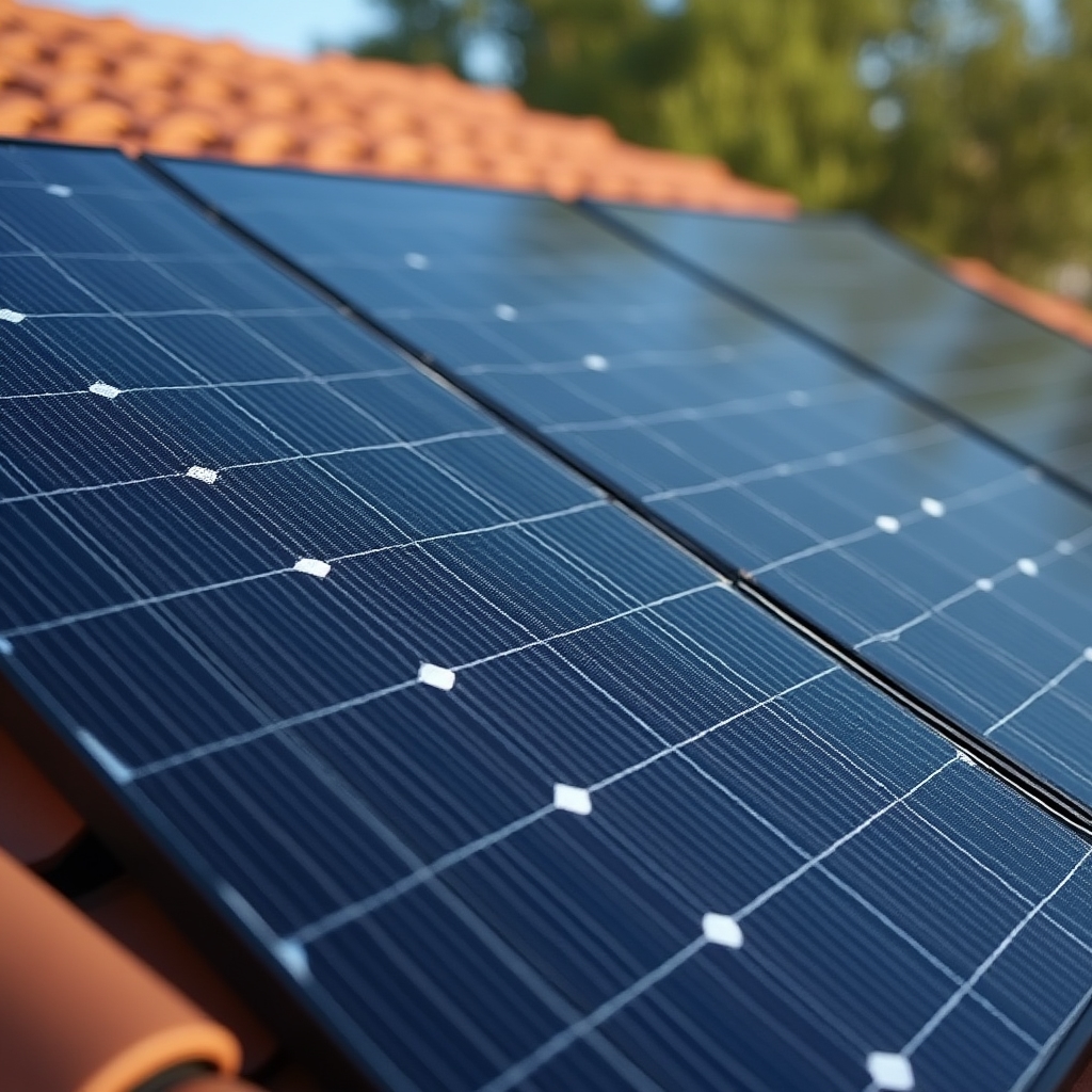 Close-up of solar panels with partial shading from a nearby tree casting shadows