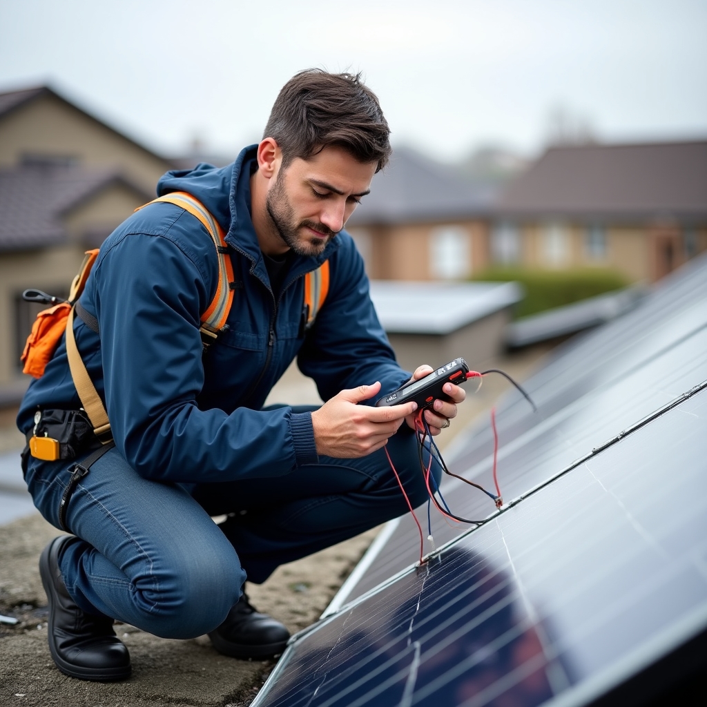 Solar technician inspecting and testing panels on a rooftop with diagnostic equipment
