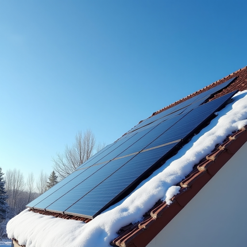 Solar panels on a snowy rooftop on a clear winter day with bright sunlight