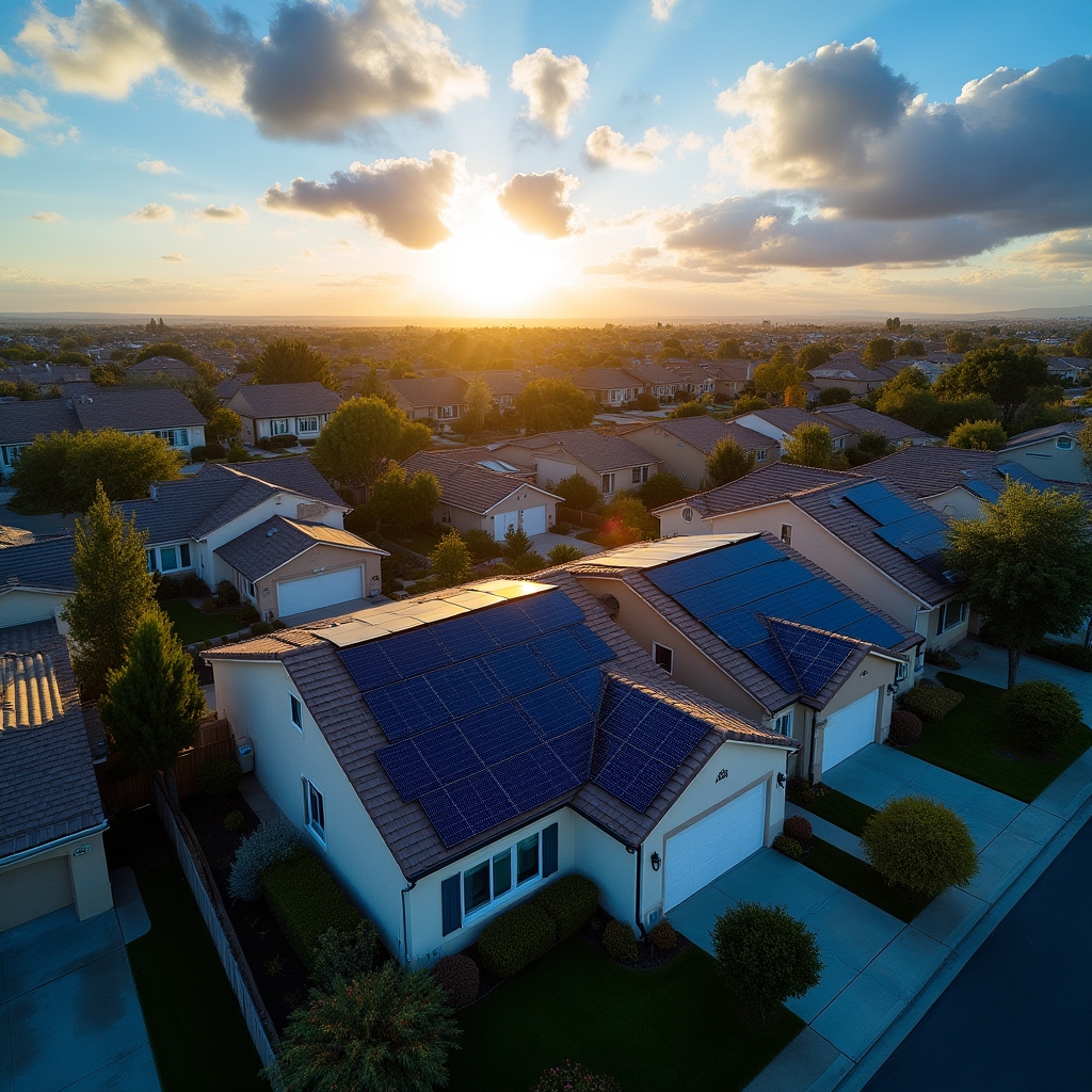 Aerial view of solar panels installed on a residential rooftop