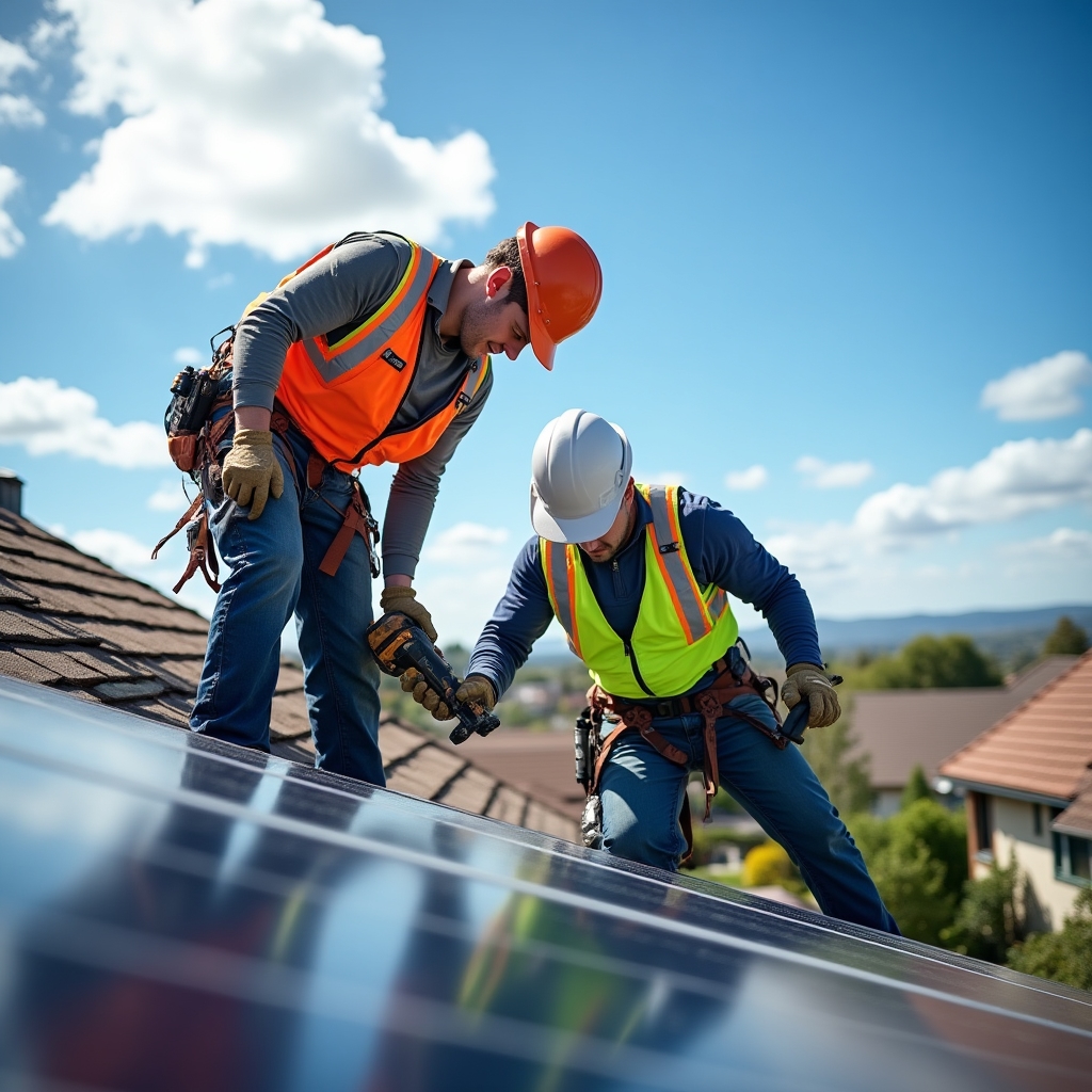Technicians installing solar panels on a residential roof in a structured process